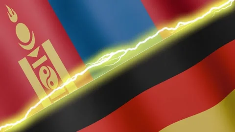 Two waving flags Germany and Mongolia with diagonal lightning, 4k loop Stock Footage 338196106