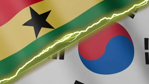 Two waving flags Ghana and South Korea with diagonal lightning 4k loop Stock Footage 328086117
