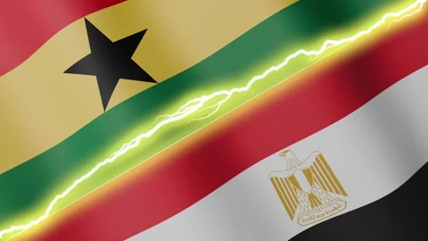 Two waving flags Ghana and Egypt with diagonal lightning, 4k loop Stock Footage 339995632