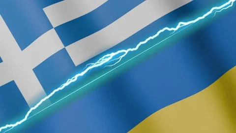 Two waving flags Greece and Ukraine with diagonal lightning 4k loop Stock Footage 328655355
