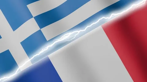 Two waving flags Greece and France with diagonal lightning 4k loop Stock Footage 329223886