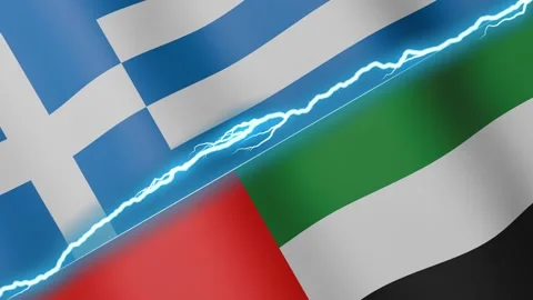 Two waving flags Greece and United Arab Emirates with diagonal lightning 4k loop Stock Footage 333977136