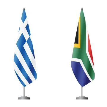 Two waving flags Greece and South Africa with diagonal lightning, 4k loop 库存插图