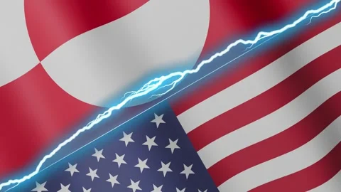Two waving flags Greenland and United States with diagonal lightning 4k loop Stock Footage 325992158