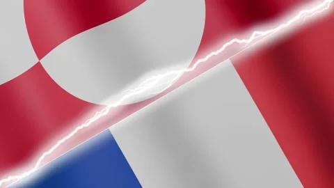 Two waving flags Greenland and France with diagonal lightning 4k loop Stock Footage 329223891
