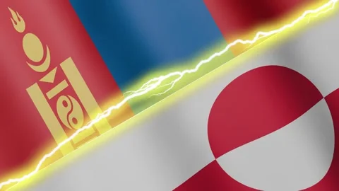 Two waving flags Greenland and Mongolia with diagonal lightning, 4k loop Stock Footage 338196122