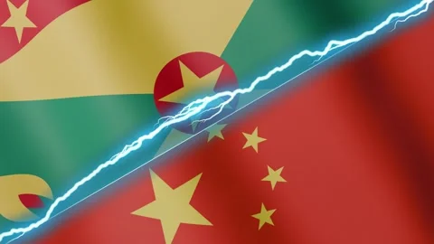 Two waving flags Grenada and China with diagonal lightning 4k loop Stock Footage 333520342