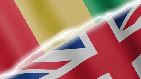 Two waving flags Guinea and United Kingdom with diagonal lightning, 4k loop Stock Footage 329026934