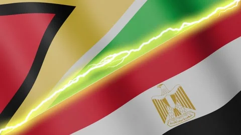 Two waving flags Guyana and Egypt with diagonal lightning, 4k loop Stock Footage 339995710