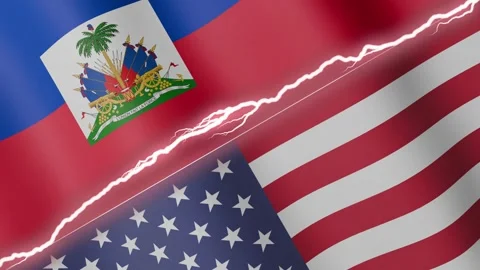 Two waving flags Haiti and United States with diagonal lightning 4k loop Stock Footage 327665652