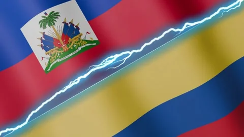 Two waving flags Haiti and Colombia with diagonal lightning 4k loop Stock Footage 331294943