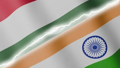 Two waving flags Hungary and India with diagonal lightning 4k loop Stock Footage 329437093