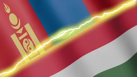 Two waving flags Hungary and Mongolia with diagonal lightning, 4k loop Stock Footage 338196126
