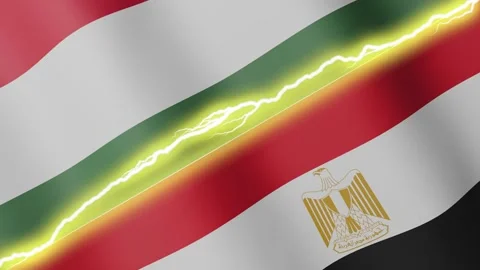 Two waving flags Hungary and Egypt with diagonal lightning, 4k loop Stock Footage 339995661