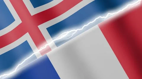 Two waving flags Iceland and France with diagonal lightning 4k loop Stock Footage 329223889
