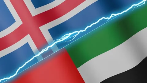 Two waving flags Iceland and United Arab Emirates with diagonal lightning 4k Stock Footage 333977143