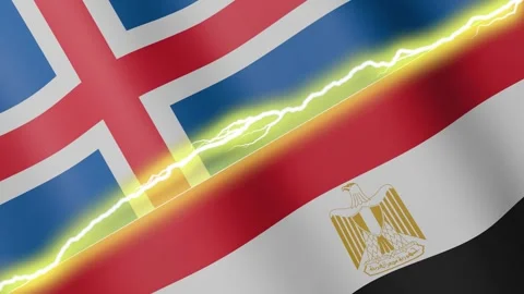 Two waving flags Iceland and Egypt with diagonal lightning, 4k loop Stock Footage 339995677