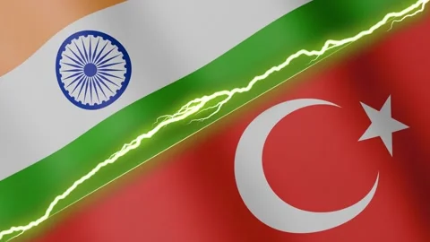 Two waving flags India and Turkey with diagonal lightning, 4k loop Stock Footage 327769214