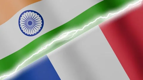 Two waving flags India and France with diagonal lightning 4k loop Stock Footage 329223892