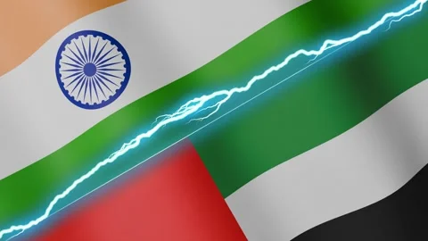 Two waving flags India and United Arab Emirates with diagonal lightning 4k loop Stock Footage 333977146