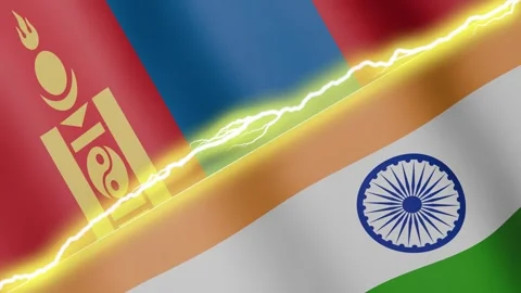 Two waving flags India and Mongolia with diagonal lightning, 4k loop Stock Footage 338196141