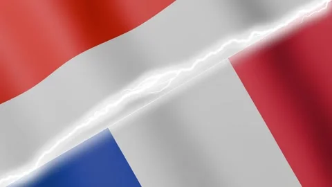 Two waving flags Indonesia and France with diagonal lightning 4k loop Stock Footage 329223896