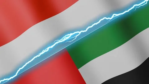 Two waving flags Indonesia and United Arab Emirates with diagonal lightning 4k Stock Footage 333977150
