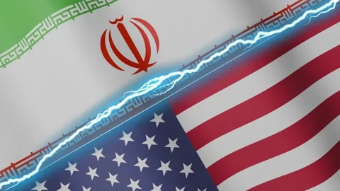 Two waving flags Iran and United States with diagonal lightning 4k loop Stock Footage 325992161