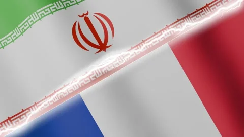 Two waving flags Iran and France with diagonal lightning 4k loop Stock Footage 329223897