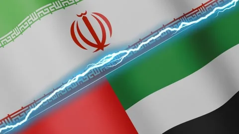Two waving flags Iran and United Arab Emirates with diagonal lightning 4k loop Stock Footage 333977152