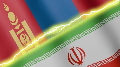 Two waving flags Iran and Mongolia with diagonal lightning, 4k loop Video stock 338196150