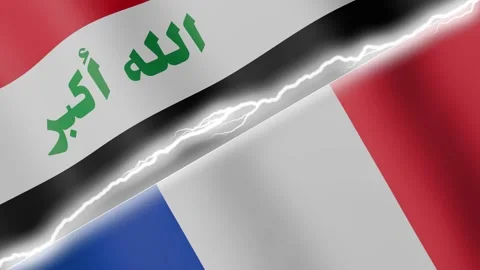 Two waving flags Iraq and France with diagonal lightning 4k loop Stock Footage 329223900