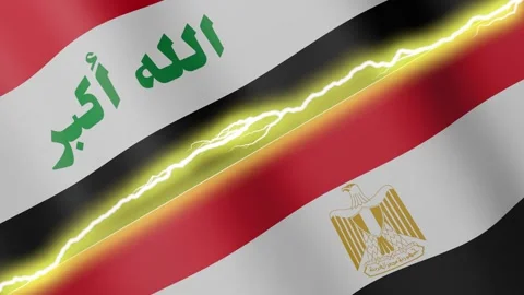 Two waving flags Iraq and Egypt with diagonal lightning, 4k loop Stock Footage 339995767