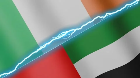 Two waving flags Ireland and United Arab Emirates with diagonal lightning 4k Stock Footage 333977156