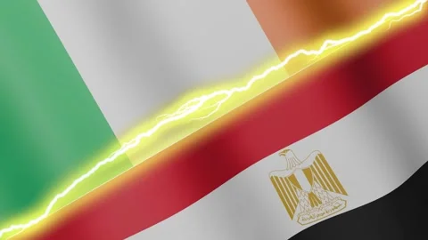Two waving flags Ireland and Egypt with diagonal lightning, 4k loop Stock Footage 339995740