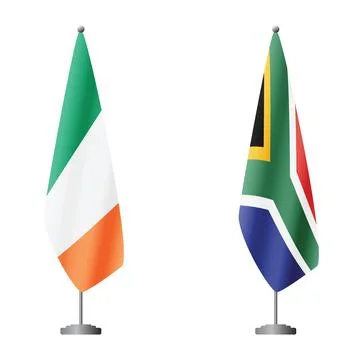 Two waving flags Ireland and South Africa with diagonal lightning, 4k loop 库存插图
