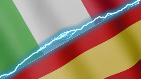 Two waving flags Italy and Spain with diagonal lightning 4k loop Stock Footage 332669022