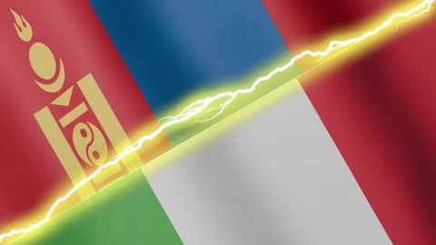 Two waving flags Italy and Mongolia with diagonal lightning, 4k loop Stock Footage 338196168