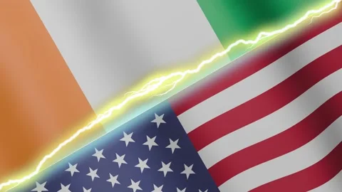 Two waving flags Ivory Coast and United States with diagonal lightning 4k loop Stock Footage 327665726