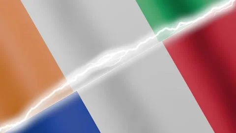 Two waving flags Ivory Coast and France with diagonal lightning 4k loop Stock Footage 329223908