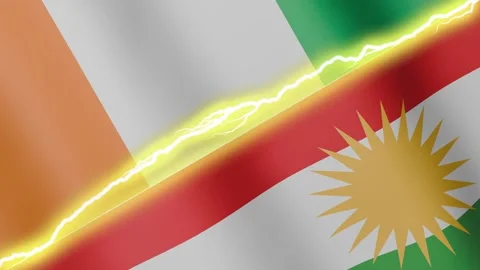 Two waving flags Ivory Coast and Kurdistan with diagonal lightning, 4k loop Stock Footage 340197775