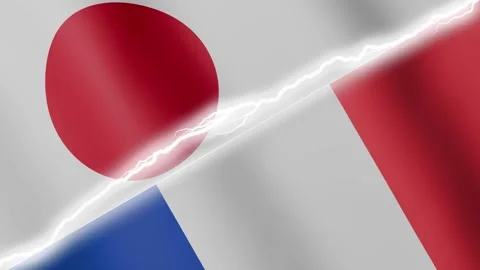 Two waving flags Japan and France with diagonal lightning 4k loop Stock Footage 329223914