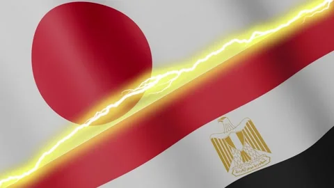 Two waving flags Japan and Egypt with diagonal lightning, 4k loop Stock Footage 339995814