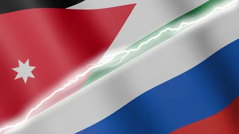 Two waving flags Jordan and Russia with diagonal lightning 4k loop Stock Footage 328902673