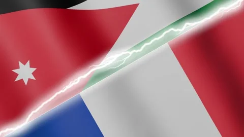 Two waving flags Jordan and France with diagonal lightning 4k loop Stock Footage 329223918