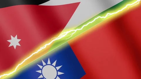 Two waving flags Jordan and Taiwan with diagonal lightning, 4k loop Vidéo 339259144