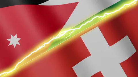 Two waving flags Jordan and Switzerland with diagonal lightning, 4k loop Vidéo 339471780