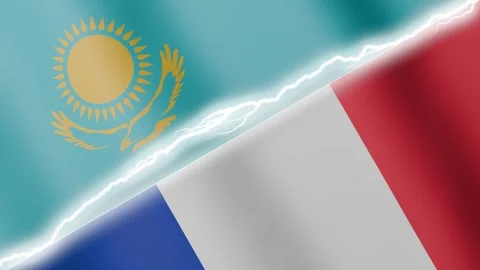 Two waving flags Kazakhstan and France with diagonal lightning 4k loop Stock Footage 329223923