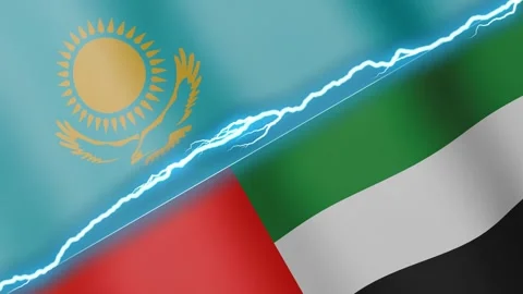 Two waving flags Kazakhstan and United Arab Emirates with diagonal lightning 4k Stock Footage 333977176
