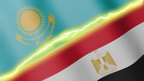 Two waving flags Kazakhstan and Egypt with diagonal lightning, 4k loop Stock Footage 339995799